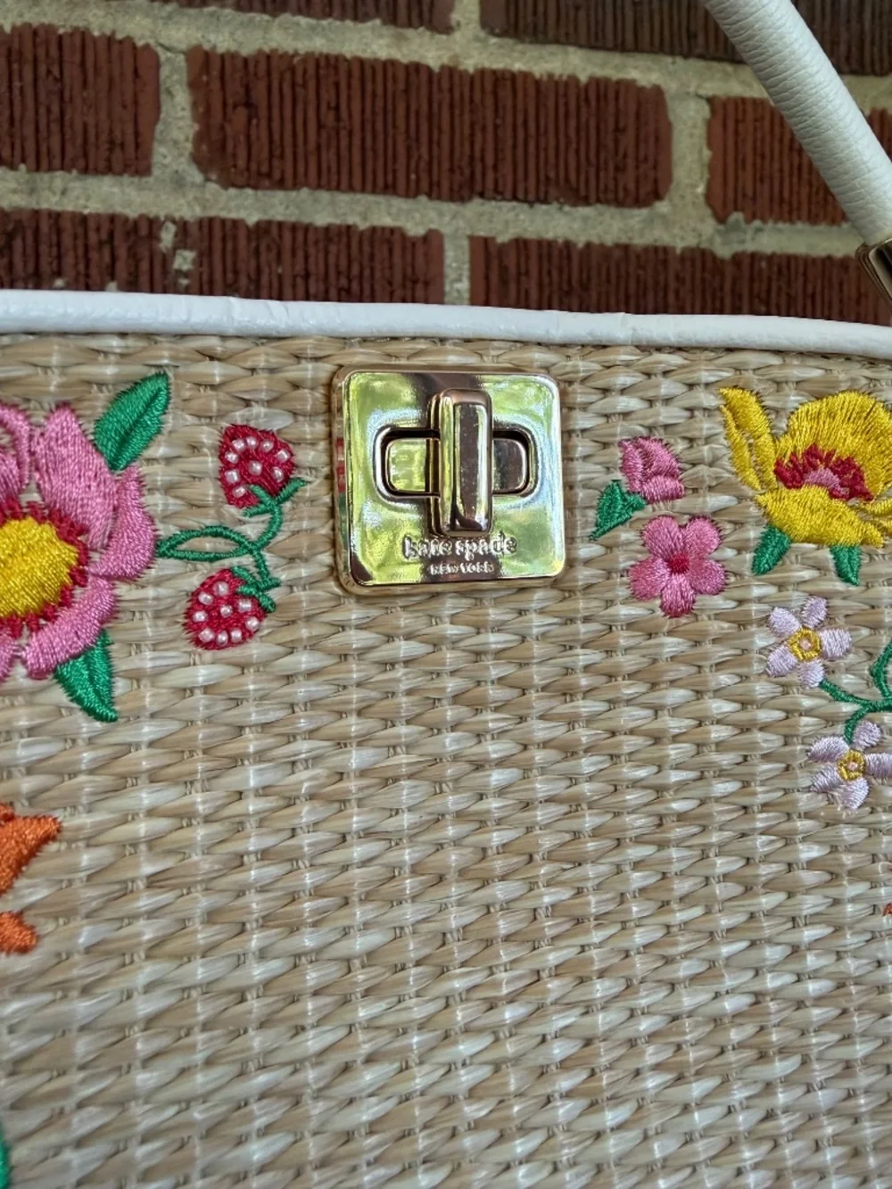 Kate Spade Embroidered Flower and Strawberry Beaded Wicker Purse